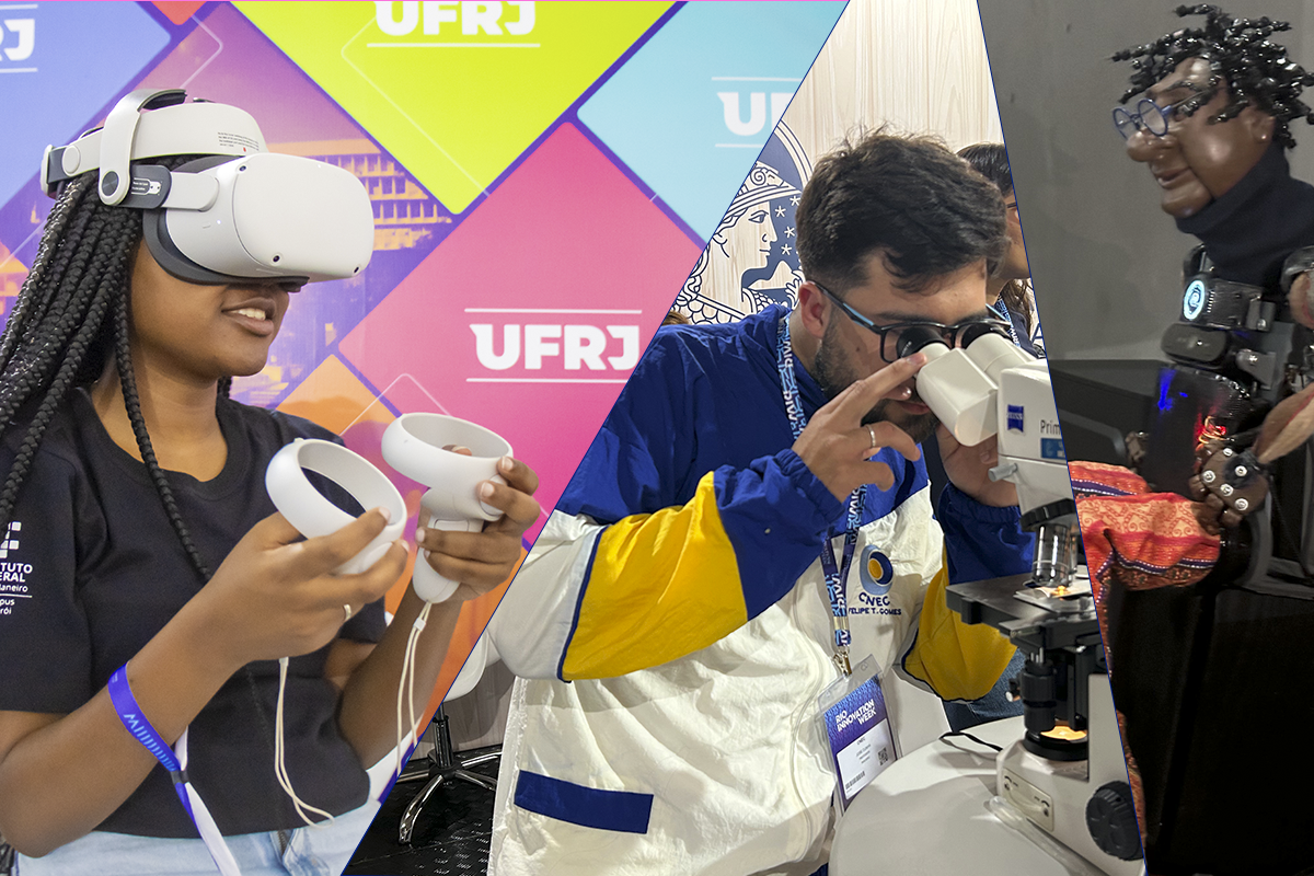 Estudantes de tecnologia da UFRJ participando de atividades com realidade virtual, robótica e microscopia em evento acadêmico.